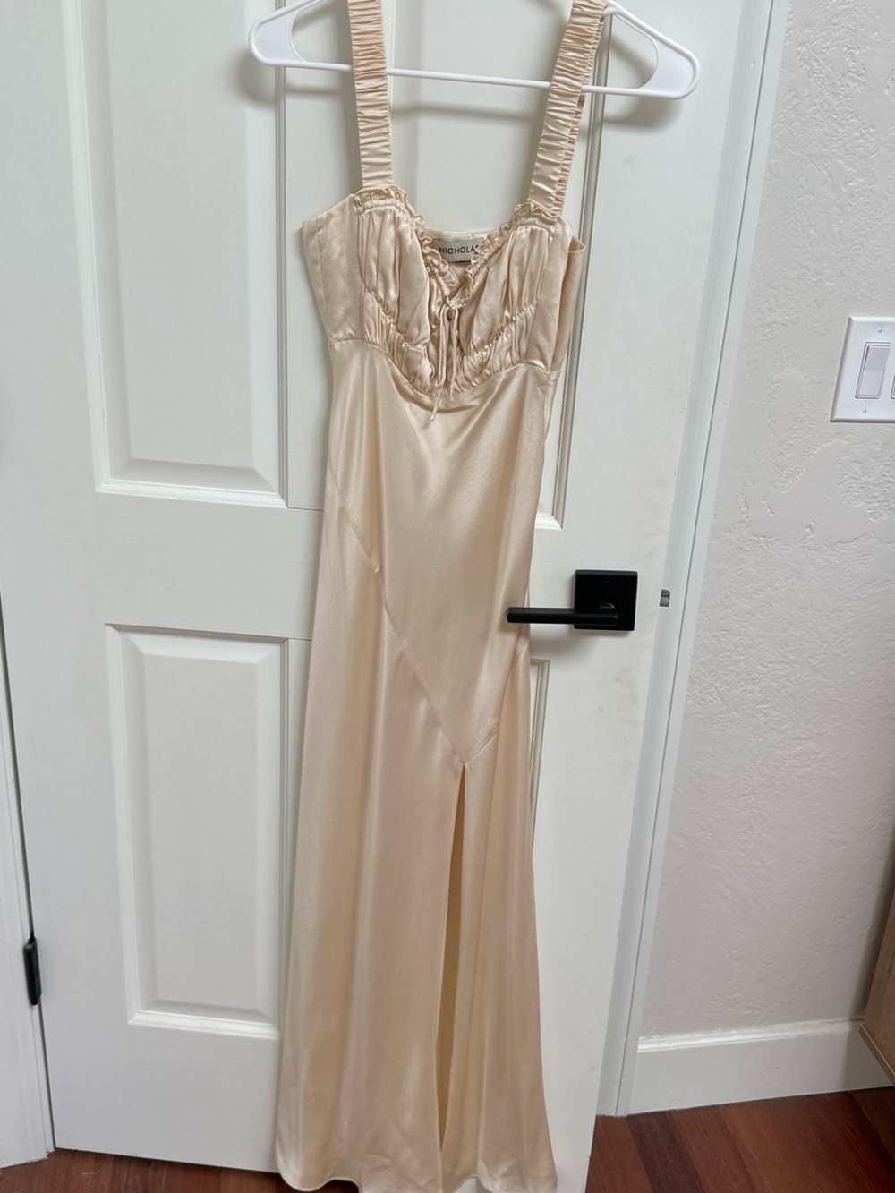 NICHOLAS Cream Ruched Bodice Satin Maxi Dress